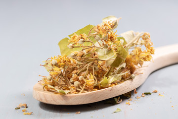 pile of dried linden on a wooden table