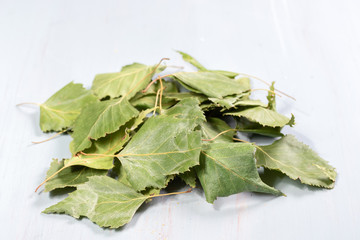 Pile of dried birch leaves on a wooden table