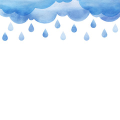 Overcast and rain. Blue rainy clouds. Background cutout cumulus clouds with paper texture. Large raindrops. Layers of clouds. Watercolor fill. Page border template. Isolated on a white background