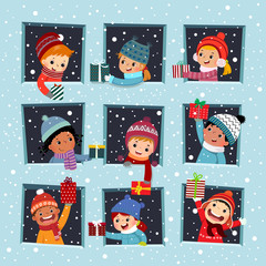 Vector illustration cartoon of happy kids at the window giving a Christmas gift to their friend in winter season.