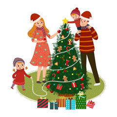 Vector illustration cartoon of happy family decorating a Christmas tree. The concept of Christmas and New Year.