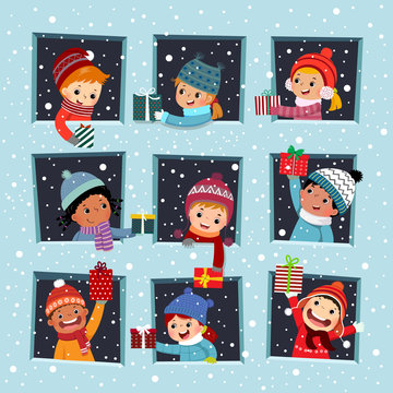 Vector Illustration Cartoon Of Happy Kids At The Window Giving A Christmas Gift To Their Friend In Winter Season.