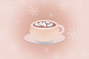 A cup of hot chocolate with marshmallows on a pastel pink background with snowflakes. Nice simple vector illustration of banner, flyer, web background.