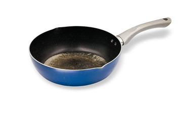 Used black-blue frying pan (Gray handle) isolated on white background with clipping path.