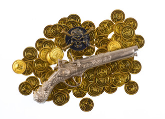  pistol, gold pirate coins, treasure hunting, gaming concept