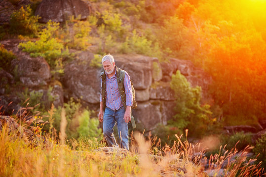 Tourist elder man with a gray beard with a backpack on his shoulders against the backdrop of the gorge, rocks and stones, the concept of tourism and outdoor activities in old age toned