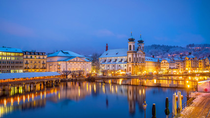 Historic city center of downtown Lucerne with  Chapel Bridge and lake Lucerne in Switzerland