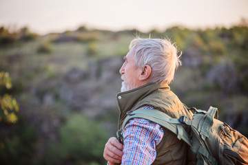 Tourist man with a gray beard with a backpack on his shoulders against the backdrop of the gorge, rocks and stones closeup