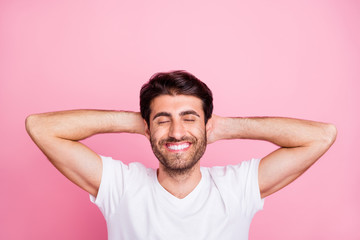 Top above high angle photo of positive cheerful funky middle eastern man dream sleep feel calm peaceful have rest in summer vacation wear summertime clothes isolated over pink color background