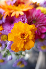 Bunch of fresh autumn flowers. Colorful zinnias, asters, dahlias.