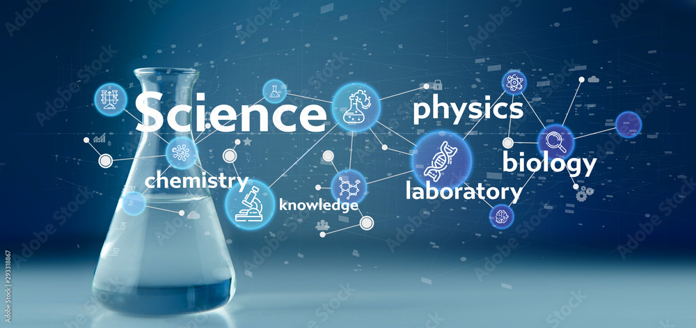 Poster view of a science icons and title on a lab background
