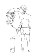 Sketch black pencil isolated on white. Physical therapist doing medical exam with little kid, checking posture and functional status of spine. Hand drawn medical illustration. Turned backs