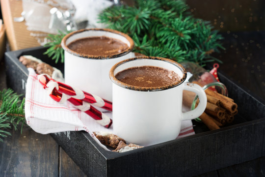 Christmas mugs hot chocolate and homemade cookies