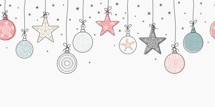 Elegant seamless pattern with hanging Christmas balls and stars. Hand drawn and creative baubles - Vector Illustration.