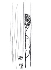 Portrait of a man in black glasses looking out of a small opening of the door he opened. Hand drawn pencil illustration in one line sketch technique