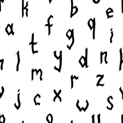 Seamless pattern of lowercase hand drawn letters in the Gothic style. Lettering trace. Black equal sized letters on a white background. Can be used for packaging, scrapbooking, banner. 