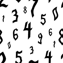 Seamless pattern of numbers 0-9 in the Gothic style drawn by hand and then traced. Black numeral of different sizes on a white background.
