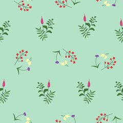 cute cartoon tropical flowers on green background seamless pattern, floral paper, fabric, textile, decoration, editable vector illustration