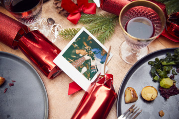 Messy Table With Leftover Vegetarian Meal After Christmas Lunch With Instant Film Print
