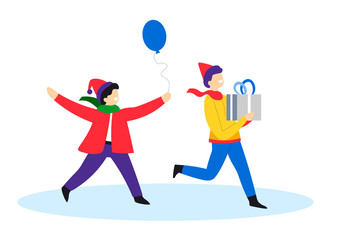 Christmas present, children with gift box and balloon, New Year