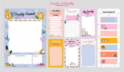 Collection of weekly or daily planner, note paper, to do list, stickers templates decorated by cute beauty cosmetic illustrations and trendy lettering. Trendy scheduler or organizer. Flat vector