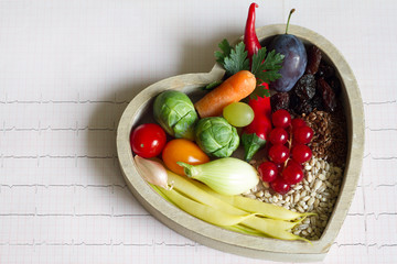 Healthy food in heart and cardiogram diet concept 