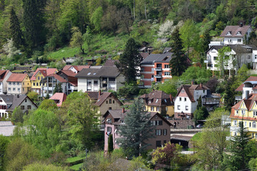 Fototapeta na wymiar Cute village in Germany on a hillside, apartment buildings on the background of the forest. Spring in a German village
