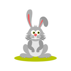Isolated cartoon sitting gray bunny on white background. Colorful frendly rabbit. Animal funny personage. Flat design.
