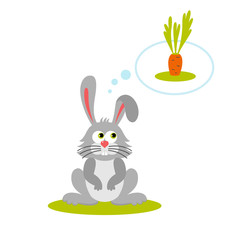 Isolated cartoon sitting gray rabbit on white background. Frendly bunny think about food, carrot. Animal funny personage. Flat design.