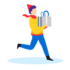 Child running with Christmas gift box, Xmas surprise