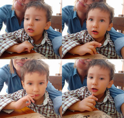 A set of 4 photos of a three-year-old child with different emotions on his face, close-up. The boy is surprised, attentive, thoughtful.