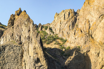 Kara-Dag mountains, view of the rocks from the sea, Crimea, Russia.