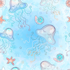 Seamless pattern with cute jellyfish. Watercolor. Vector.