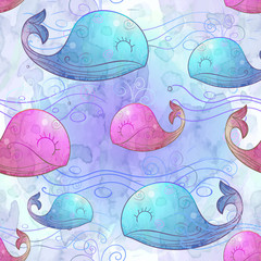 Seamless pattern of cute whales and their cubs. Watercolor. Vector.