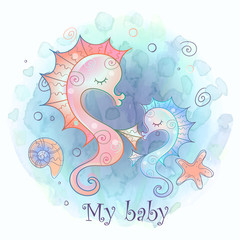 Seahorse mom and baby. Baby shower. Watercolor Vector