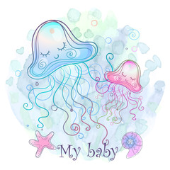Cute jellyfish sleeping sweetly. Vector.