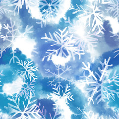 Fototapeta na wymiar Snow flakes seamless pattern. Watercolor illustration.