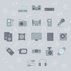 Digital video and audio equipment icons set - Vector color symbols and outline of of media technology and television for the site or interface