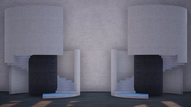 time lapse of shadows in a room interior with double staircase, video 3D animation ultra HD 4K 3840x2160