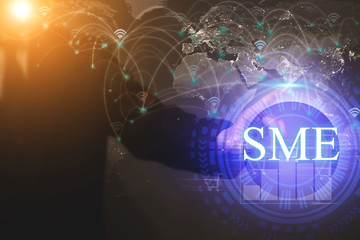 SME (or Small and Medium Enterprises) sign with people icon network on businessman hand