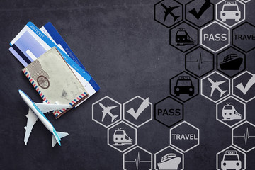 Obraz premium Air ticket and passport for flight plane. Travel concept. Ticket booking.