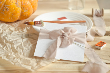 Autumn composition. Pumpkin halloween concept. Flat lay, mockup white paper