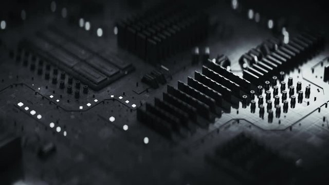 Futuristic printed circuit board. Abstract science fiction or technology concept. 3D render seamless loop animation