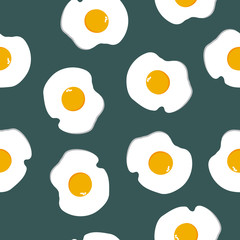 Seamless pattern Fried eggs on green background. Breakfast food texture, vector eps 10