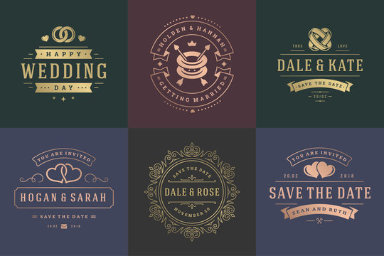 Wedding invitations save the date logos and badges vector elegant elements set