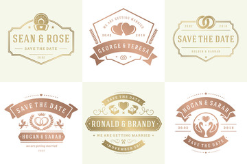 Wedding invitations save the date logos and badges vector elegant elements set