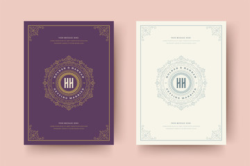 Wedding invitation save the date card golden flourishes ornaments vignette swirls vector template.