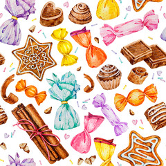 A set of sweets. Gingerbread. Chocolate candies. Watercolor illustrations. Seamless pattern