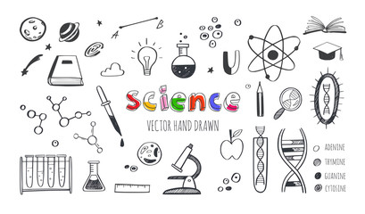Vector hand drawn Science and Education doodle set. DNA, Biology, Astronomy and other objects.
