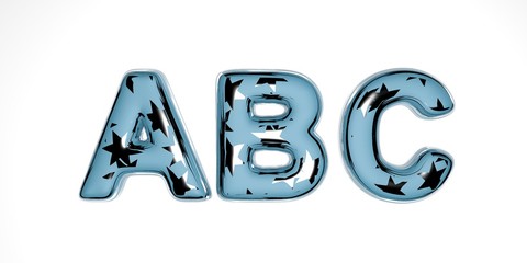 Merry Christmas 3D font made of blue glass with silver stars inside on a white background similar to a winter New Year font, the letters are contained - abc . isolate